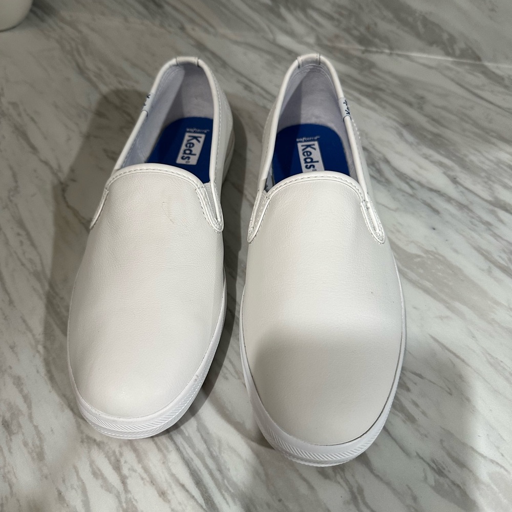 Keds White Leather Slip-On Sneakers